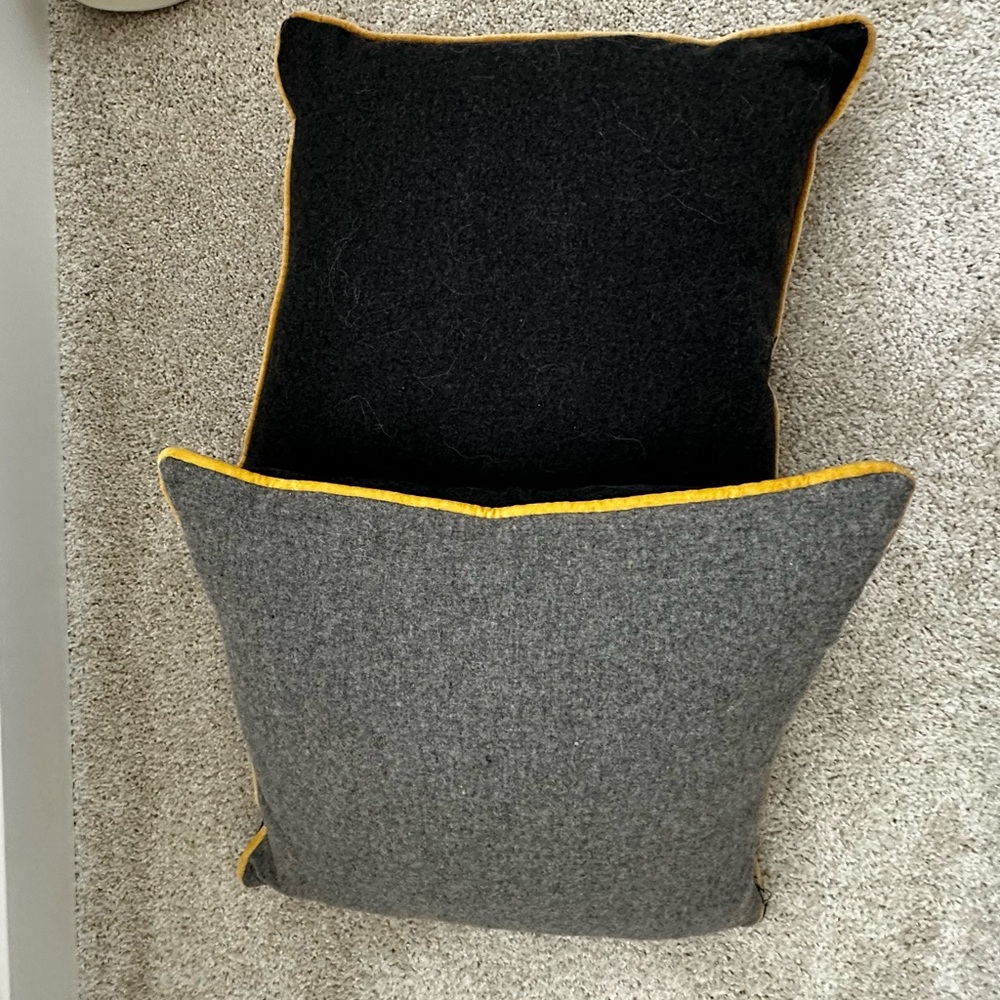 West Elm Wool 2 sided Gray and Black Accent Pillows with Yellow Piping. $59 both